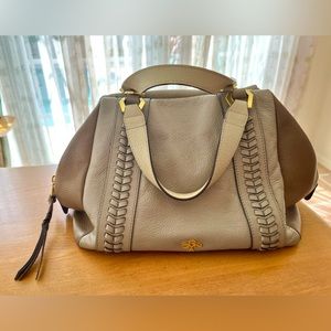 Oryany Handbag Satchel Purse Color Block Brown Taupe Italian Leather